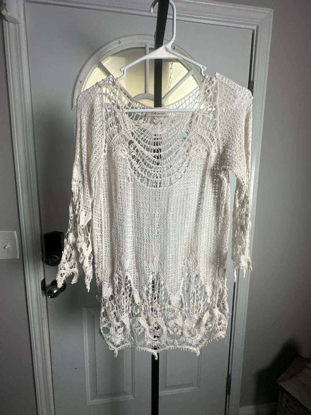 Daily Specials Cream Crochet Lace Open Knit Tunic Top with Frayed Hem